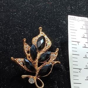 Source Unknown Gold and Black Gem Leaf Brooch